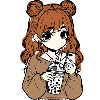 realistic girl with a lphone and boba