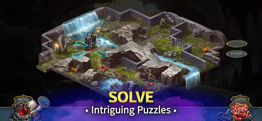 Living Legends: The Red Trace - Isometric puzzle level in Living Legends The Red Trace game showing characters navigating a rocky cavern with a waterfall