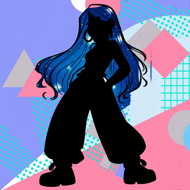 girl in baggy pants crop top and long hair