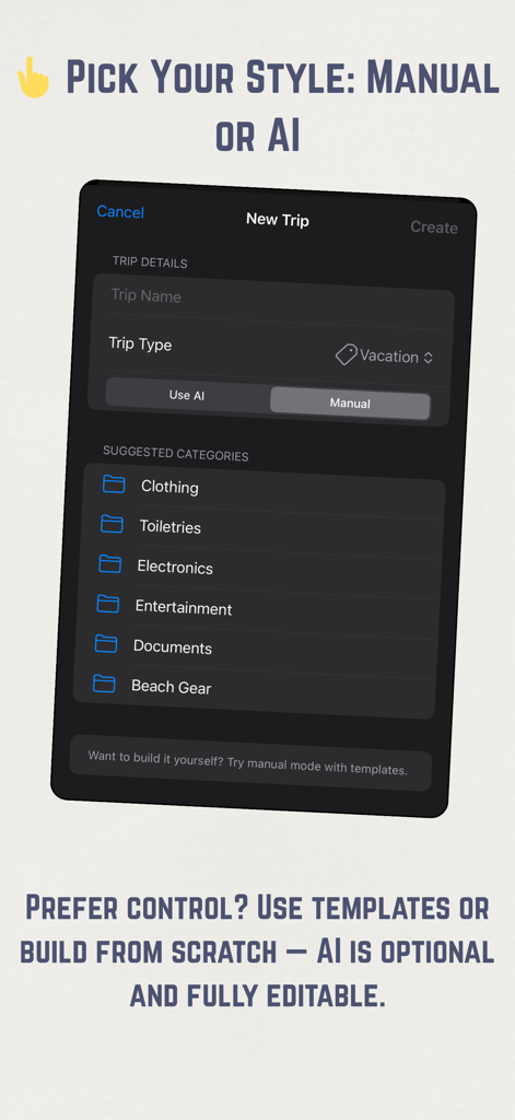 TripList: Smart Packing List - TripList app screen showing manual and AI trip creation options with suggested packing categories