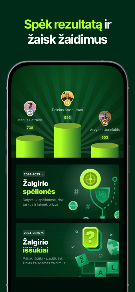 Žalgiris - Zalgiris app leaderboard showing fan rankings and basketball prediction games