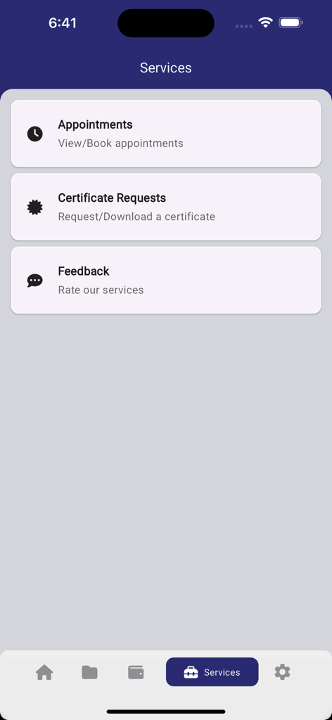 MSC Crewing Services - MSC Crewing Services app menu showing options for appointments certificate requests and feedback
