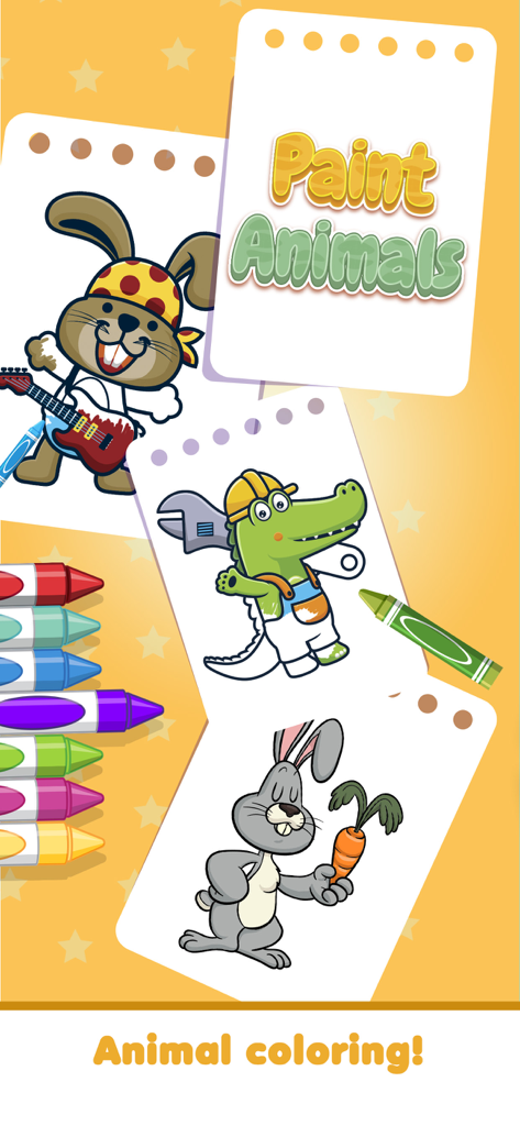 Coloring and painting animals - Interface de livro de colorir digital com animais de desenho animado e lápis de cor coloridos para crianças
