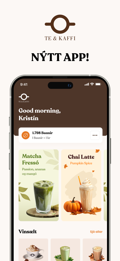 Home screen of the Te and Kaffi loyalty app featuring coffee points and seasonal drink offers like Matcha Fresso and Pumpkin Spice Chai Latte.