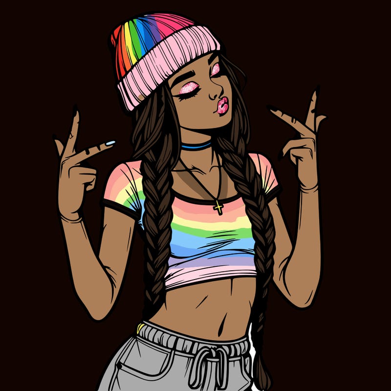 realistic teenage girl with braids and a beanie and crop top doing 🫶🏼