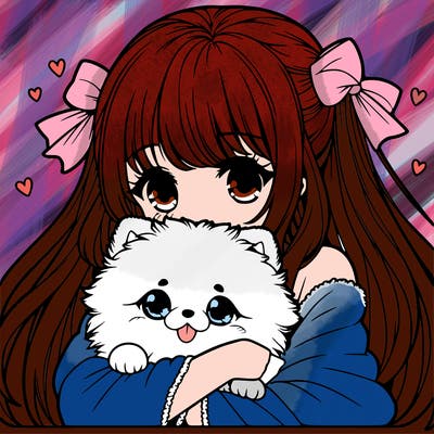 manga girl cuddling a kawaii pomeranian