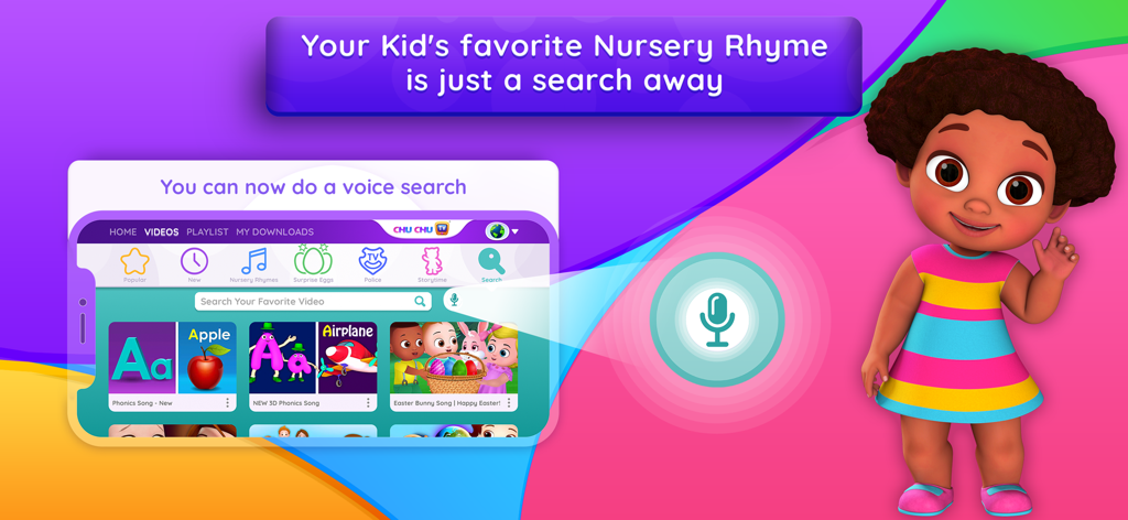 Interface of the ChuChu TV app showing the voice search feature for nursery rhymes