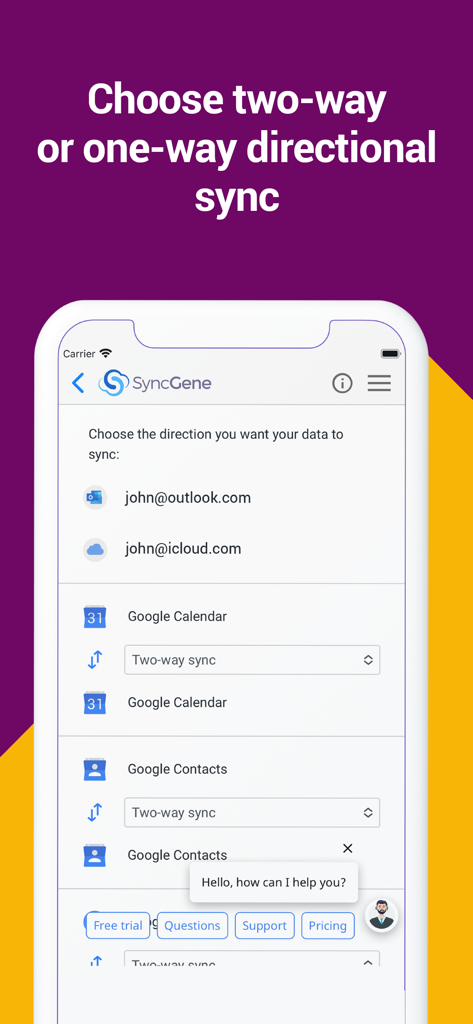 SyncGene mobile app interface showing directional synchronization settings for Google Calendar and Contacts