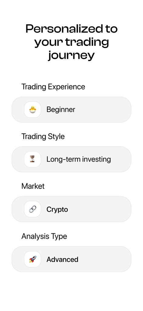 Market AI - Trading Ideas - Market AI App-Bildschirm, der personalisierte Trading-Einstellungen für Erfahrungsstufe und Marktart anzeigt