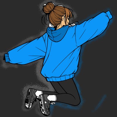 realistic girl jumping with a bun and oversized sweatshirt