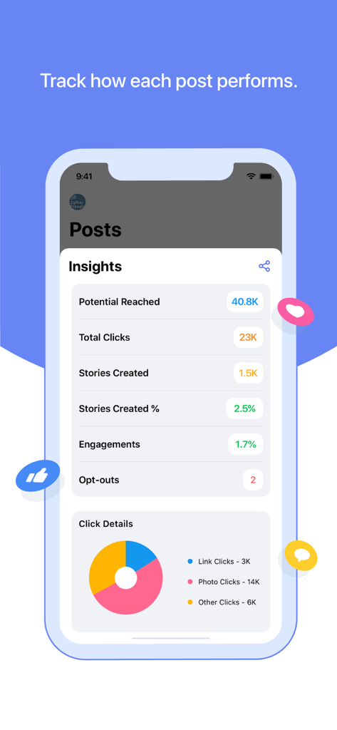 Zoho Social mobile app dashboard showing post performance insights including clicks and engagement metrics