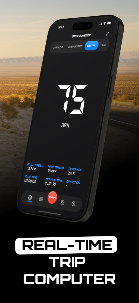 GPS Speedometer+ Speed Tracker - Digital speedometer app on an iPhone displaying 75 MPH and trip data