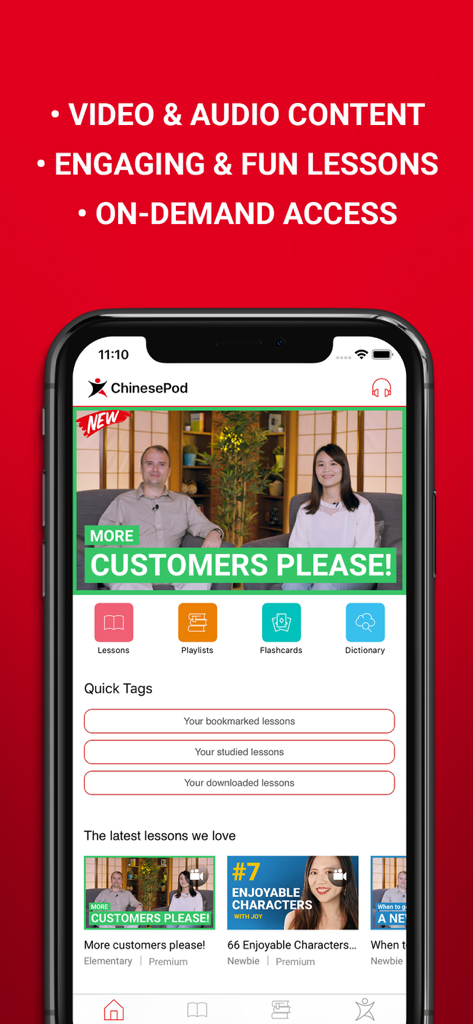 The home screen of the ChinesePod app on a smartphone displaying video lessons and study navigation for Mandarin learners.
