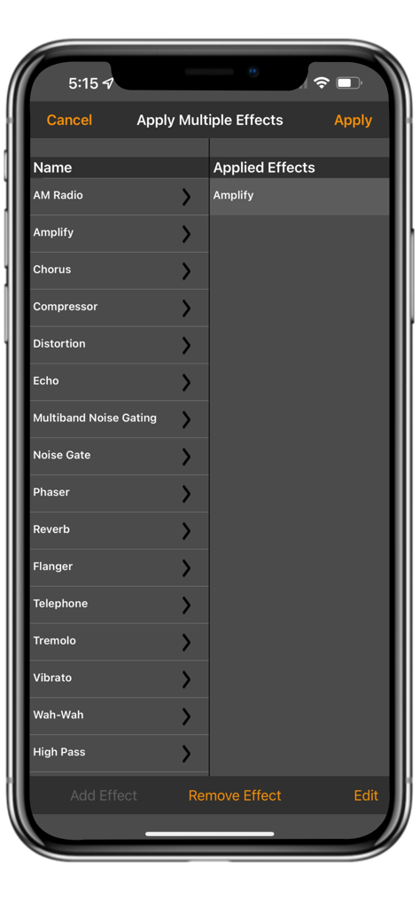 MixPad Music Mixer - Audio effects selection screen in MixPad Music Mixer showing various filters like reverb and compressor