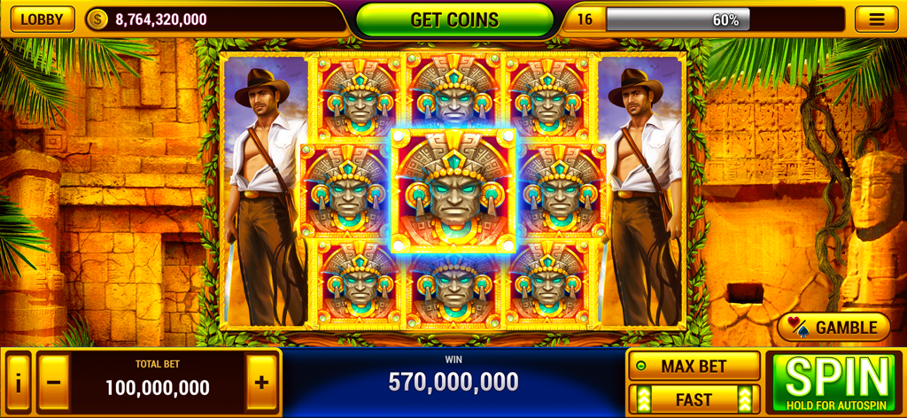 Vegas Slots Casino ™ Slot Game - Juego de máquina tragaperras temática de aventura que muestra un personaje explorador y máscaras tribales con una gran ganancia de monedas