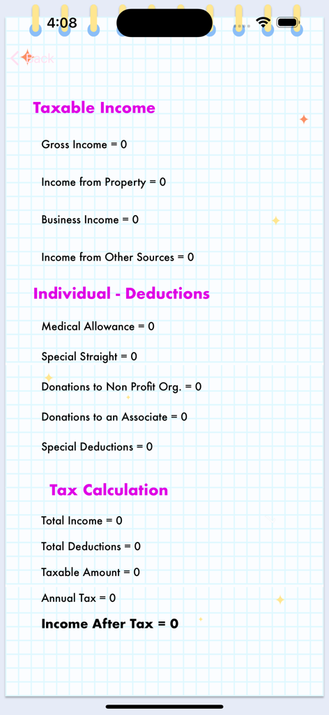 Mobile app screen showing taxable income categories and deduction fields for tax calculation