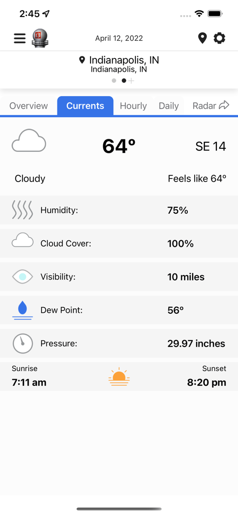 WTHR Live Doppler 13 Weatherアプリ、インディアナポリスの現在の天候を表示