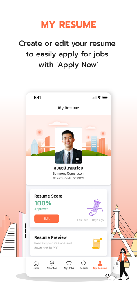 JobThai Jobs Search - JobThai mobile app screen showing the My Resume profile with a hundred percent completion score