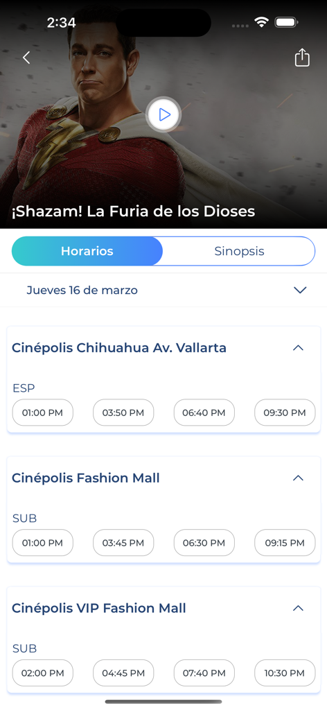 Interfaz de la app móvil de Cinépolis que muestra los horarios de la película Shazam en varios cines