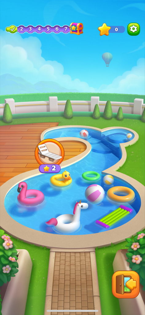 Nonogram Seasons: Pixel Puzzle - A bright and colorful outdoor pool area with various floating toys like a pink flamingo and a unicorn, showing the room decoration feature of Nonogram Seasons.