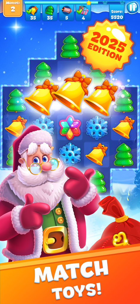 Santa Claus in a festive match 3 puzzle game with Christmas bells and trees