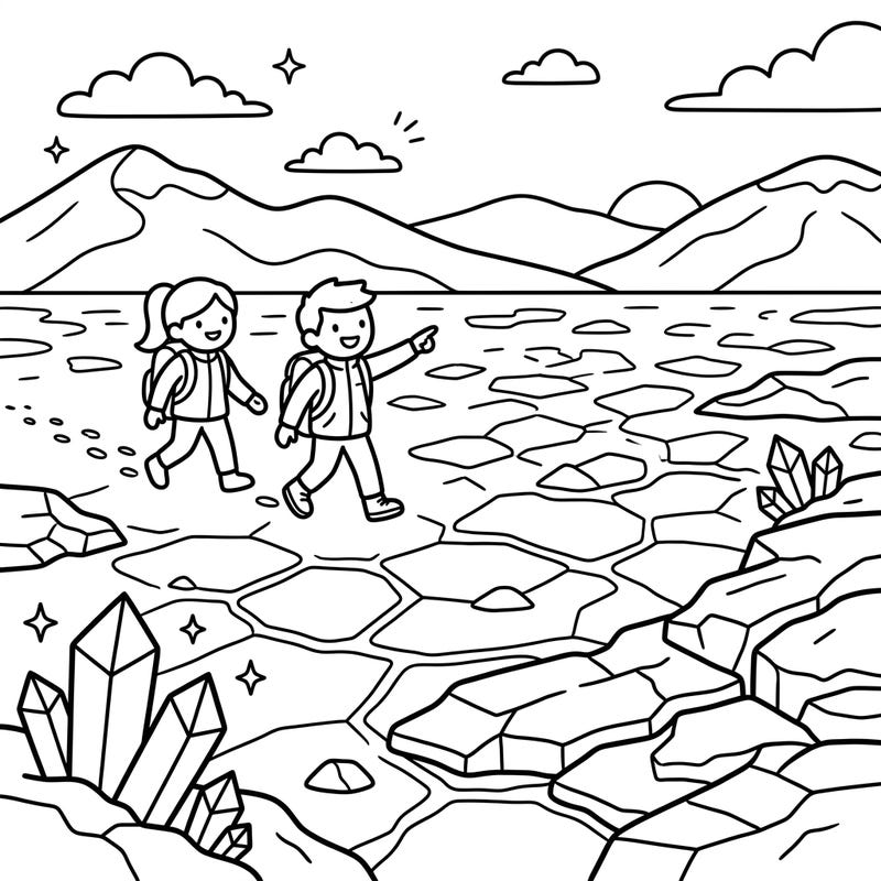Unleash your child's creativity with this captivating coloring page featuring two young explorers on an adventure across vast salt flats. Perfect for little hands to add vibrant colors to mountains, crystals, and a unique natural landscape.
