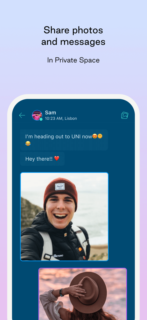 Una interfaz de aplicación móvil titulada Espacio Privado que muestra un historial de chat con mensajes y fotos compartidas entre una pareja.