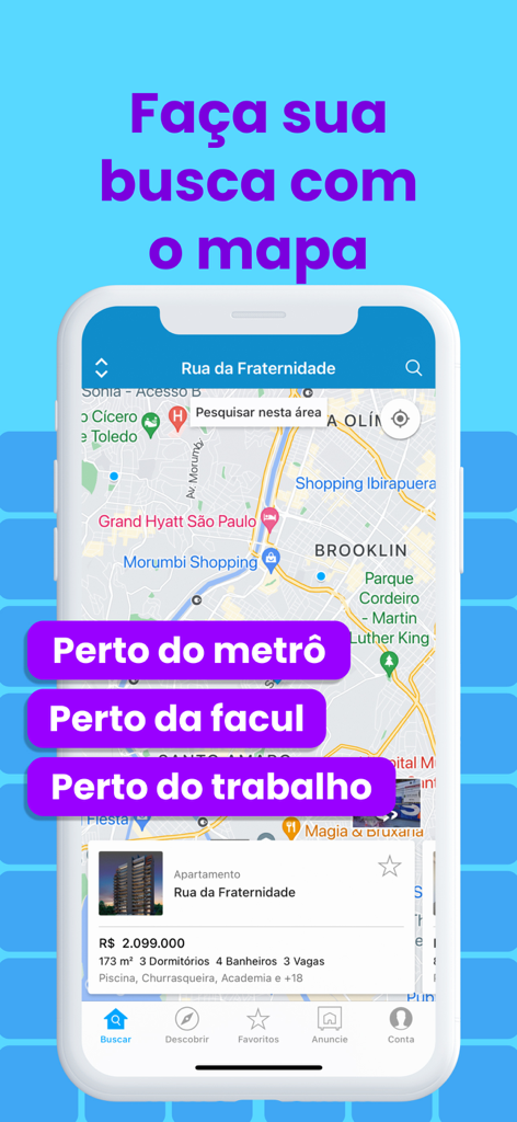 Viva Real Imóveis - Viva Real app map interface showing property search in Brazil with filters for proximity to subway and work