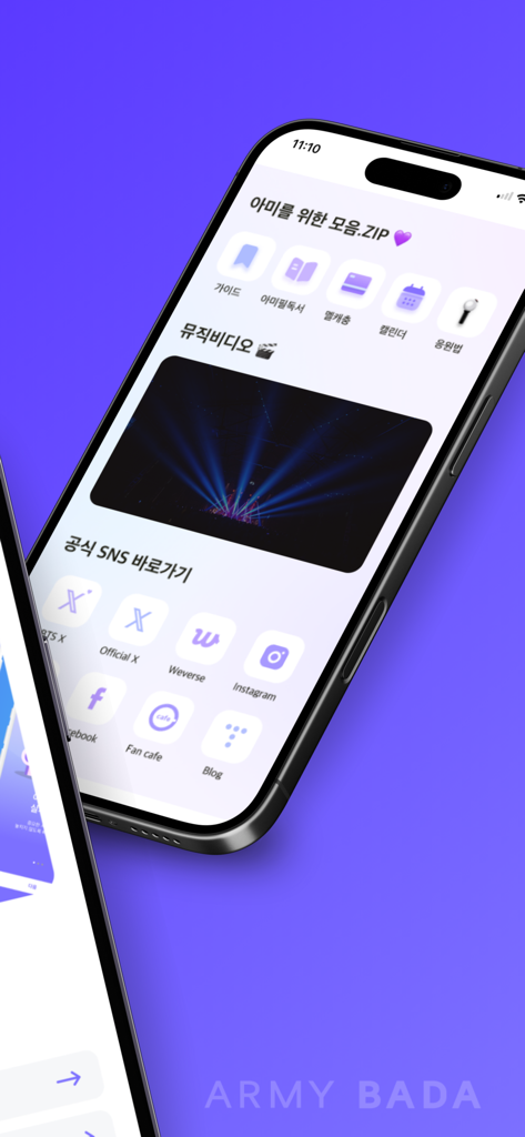 ARMYBADA - Interfaz de la aplicación móvil ARMYBADA mostrando atajos a redes sociales oficiales y recursos para fans de BTS.