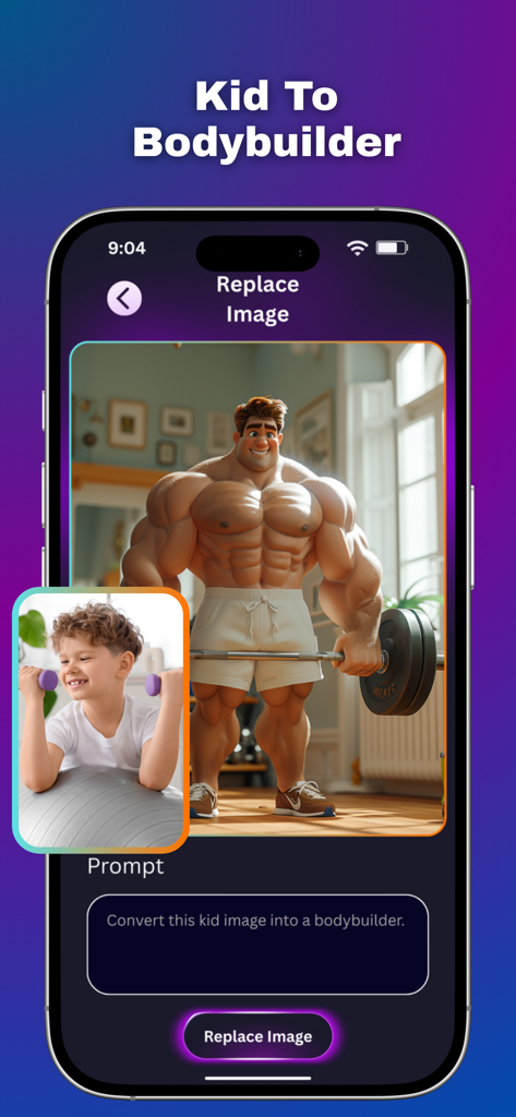 AI Photo Editor app interface showing a photo of a child being transformed into a muscular bodybuilder using a text prompt.