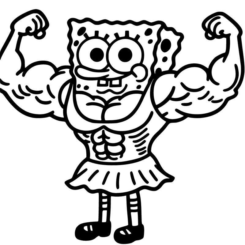 sponge bob in a dress showing his muscles