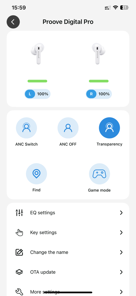 Proove - Proove app interface showing battery levels and noise cancellation settings for Digital Pro earbuds