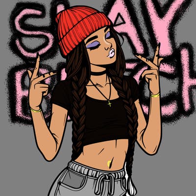 realistic teenage girl with braids and a beanie and crop top doing 🫶🏼