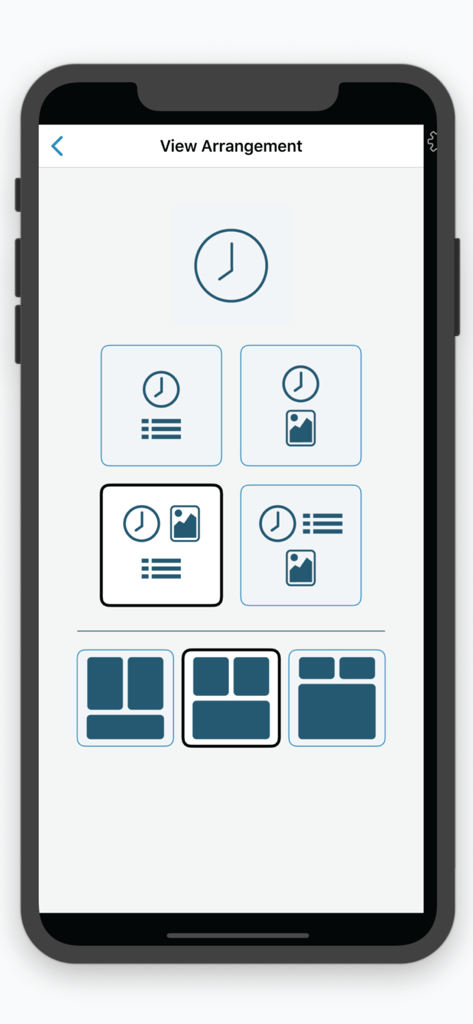 Clocke - Configurações de visualização mostrando diferentes opções de exibição para relógio, calendário e fotos