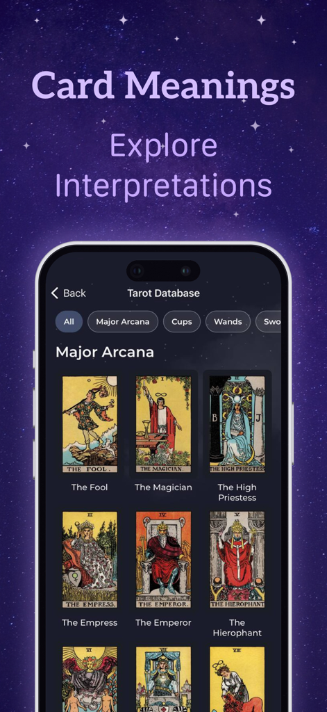 TarotX: Tarot Card Reading - A mobile screen from the TarotX app displaying a gallery of Major Arcana tarot cards including The Fool and The Magician with options to explore their meanings.