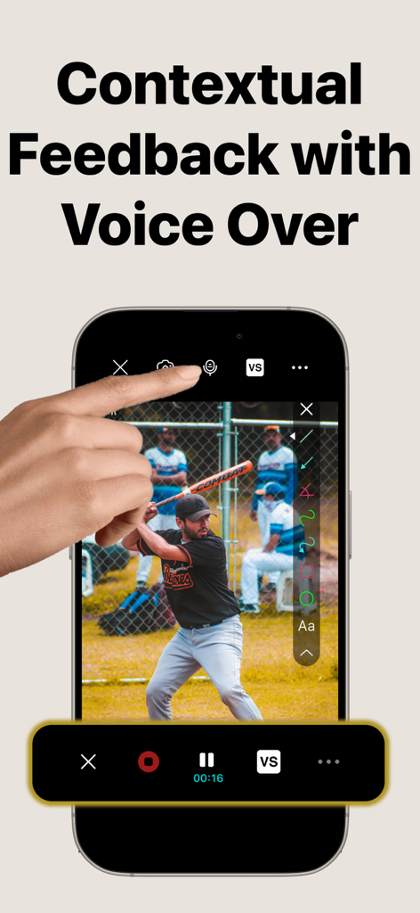 Stride: AI Form Coach - Stride app interface showing voice-over recording and drawing tools for coaching a baseball player