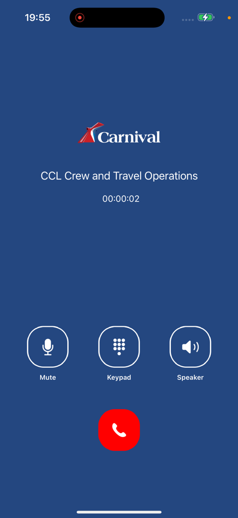 Carnival TMHub App VoIP-Anrufschnittstelle für Crew- und Reisebetriebsunterstützung.