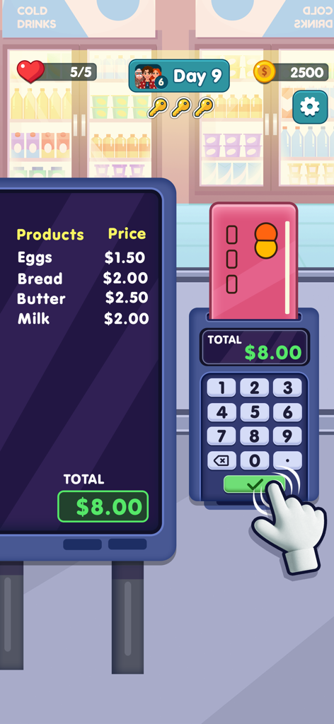 A mobile game screen showing a bakery cashier point of sale terminal with a credit card and a total of eight dollars