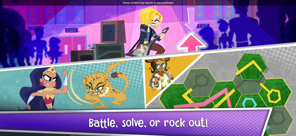 DC Super Hero Girls Blitz - Montaje de escenas de juego de DC Super Hero Girls Blitz mostrando mini-juegos de batalla y acertijos