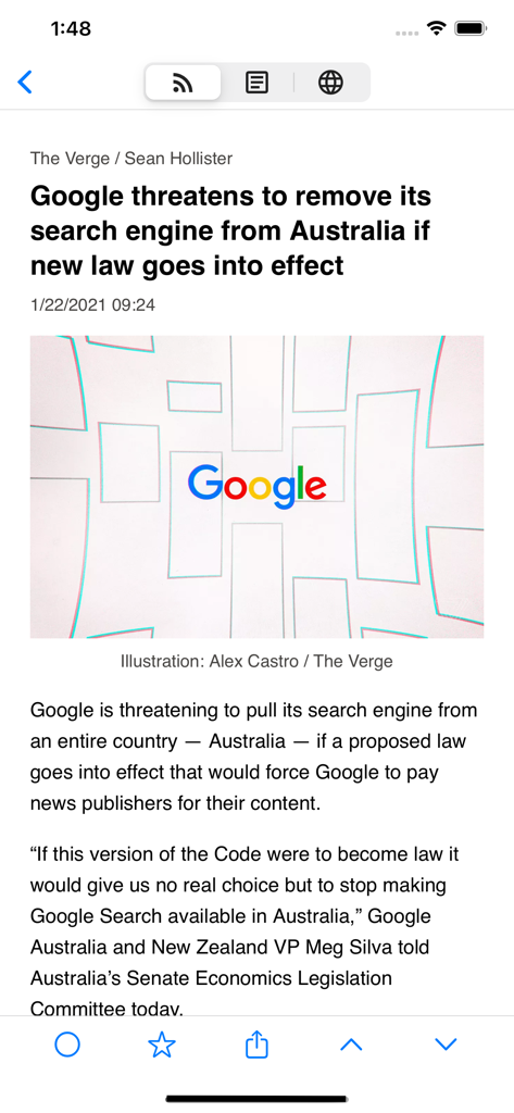 Fluent Reader Lite app displaying a news article from The Verge in a focused reading interface
