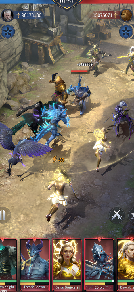 Legacy of Lithas - Tactical combat gameplay in Legacy of Lithas featuring a team of fantasy heroes and hybrid creatures on a battlefield.