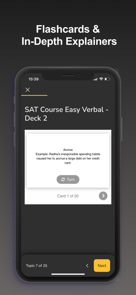 Cartão digital para preparação verbal do SAT mostrando uma palavra de vocabulário e uma frase de exemplo na interface do aplicativo educacional March2Success.