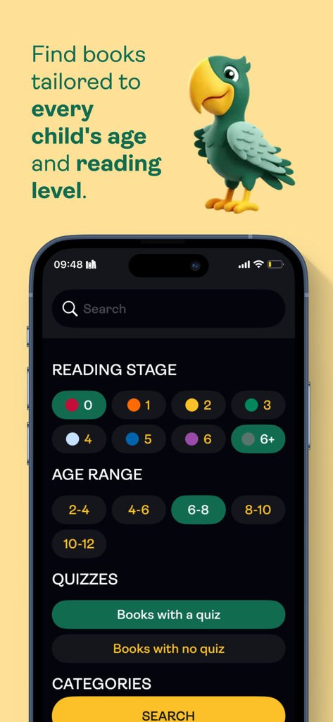 Pickatale - Search screen of Pickatale app showing filters for reading stages and age ranges