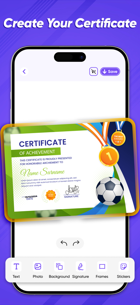 Certificate Maker :Party Card - A smartphone screen showing a soccer achievement certificate being edited with tools for text, signatures, and stickers.