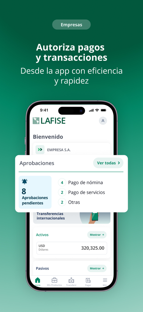 LAFISE Bancanet - LAFISE Bancanet mobile app screen for authorizing business payments and payroll