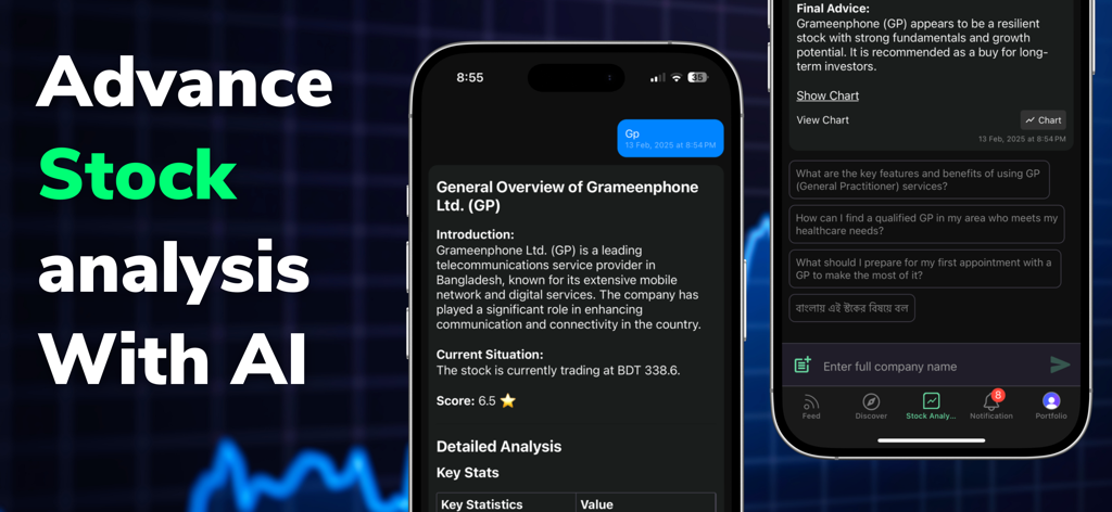 Duty Ai - Duty AI Mobile App-Oberfläche, die fortgeschrittene Aktienanalysen und KI-gestützte Anlageeinblicke auf einem Smartphone zeigt