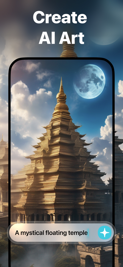 Interfaz de la aplicación VidAI que muestra un templo flotante místico generado a partir de la indicación de texto 'un templo flotante místico'