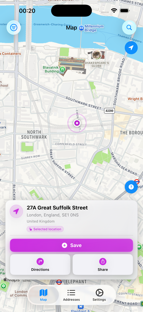 Address Finder & My Location - Map view in Address Finder app displaying a specific street address with save and share options.
