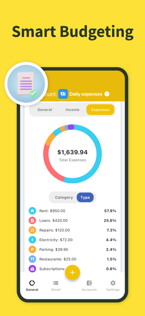 Fluxi: Expense Tracker - Interface de l'application Fluxi montrant un graphique circulaire des dépenses totales catégorisées par loyer, prêts et services publics.