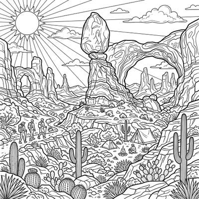 Embark on a vibrant summer journey with this intricate coloring page featuring stunning desert rock formations. Discover hikers, campers, and unique cacti awaiting your creative touch.